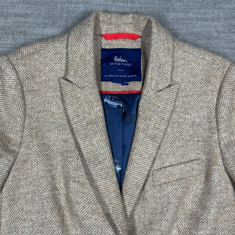 Boden British Tweed Wool Blazer Tan Herringbone Abraham Moon London Lining US 8R - Picture 11 of 13